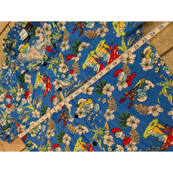 The Smurfs Men’s Hawaiian Shirt XL Blue Floral Button Front Cartoon Retro Print - Picture 3 of 10